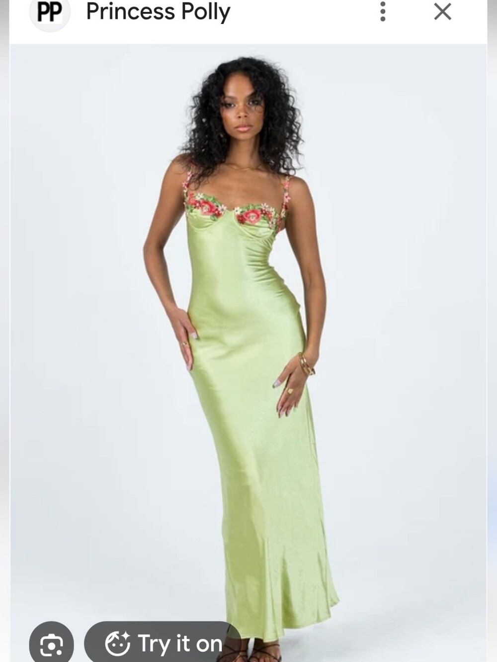 Princess Polly Women's Satin Slip Maxi Dress with Floral Lace Trim - Sage